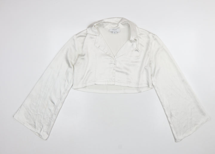 Labelrail Women’s White Cropped Satin Blouse UK 8 Long Sleeve Classic