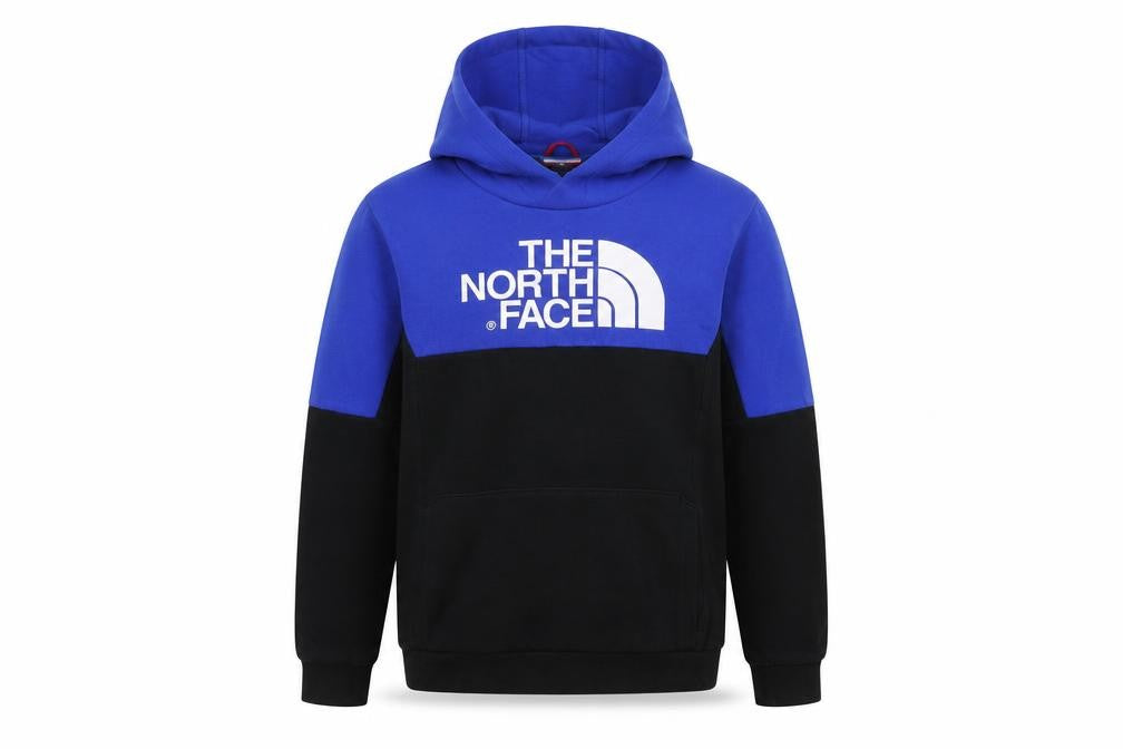 Front view of The North Face boys’ blue and black pullover hoodie xl cotton