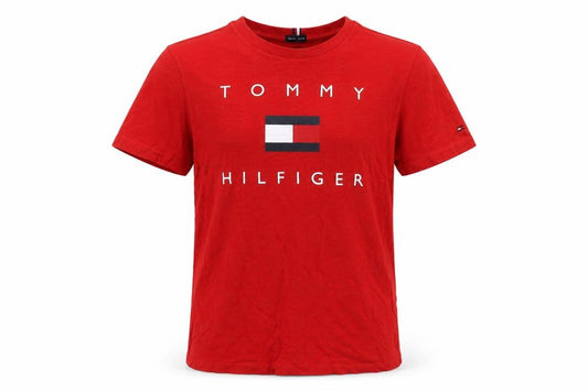 Front view of Tommy Hilfiger boys’ red organic cotton logo t-shirt, size 152