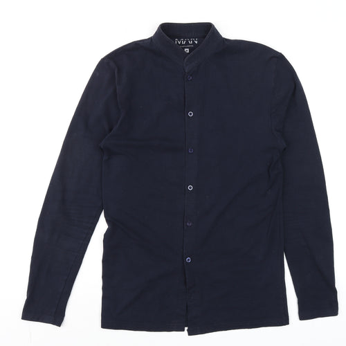 boohooMAN Men’s Blue Slim Fit Band Collar Long Sleeve Cotton Shirt M
