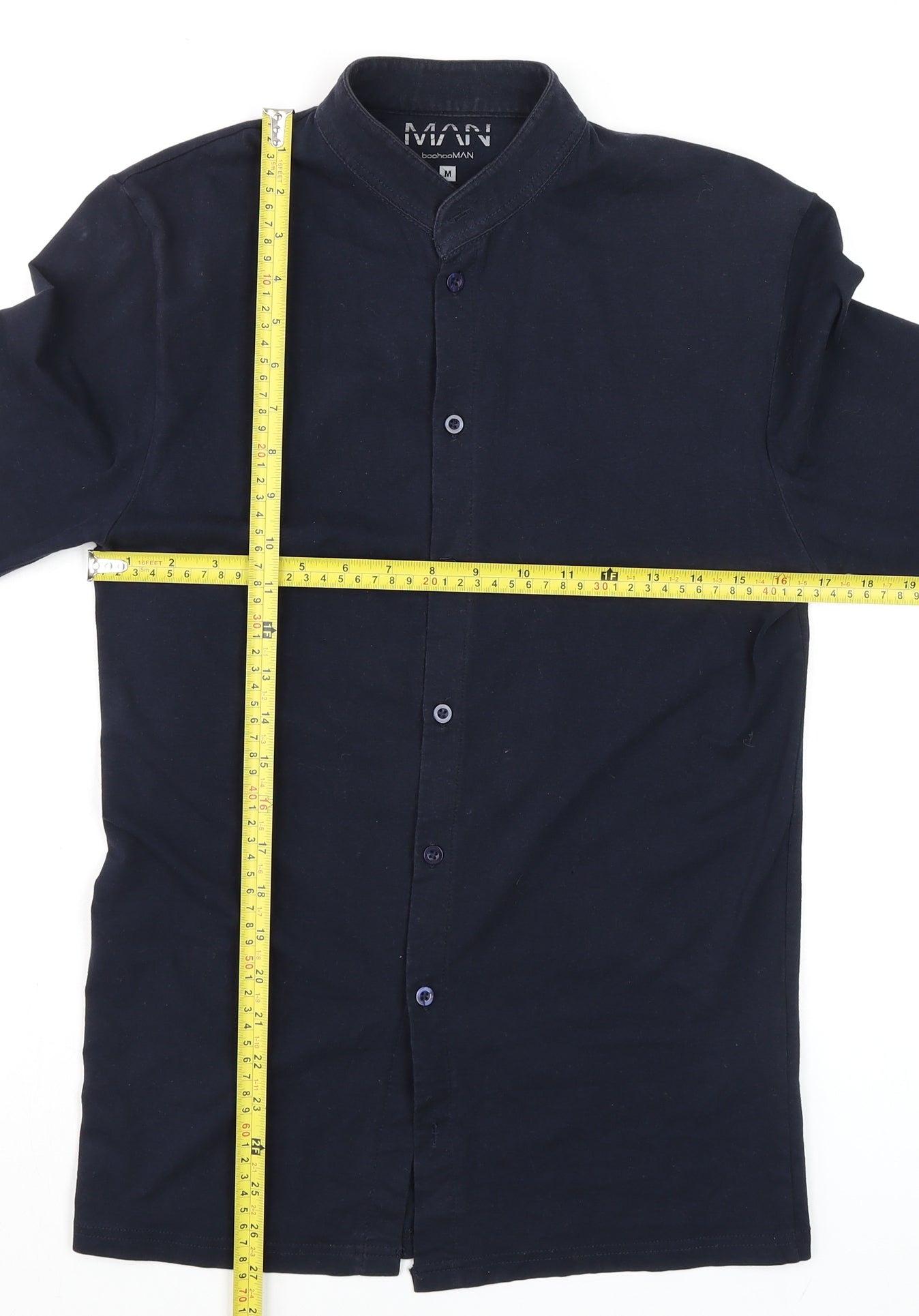 boohooMAN Men’s Blue Slim Fit Band Collar Long Sleeve Cotton Shirt M