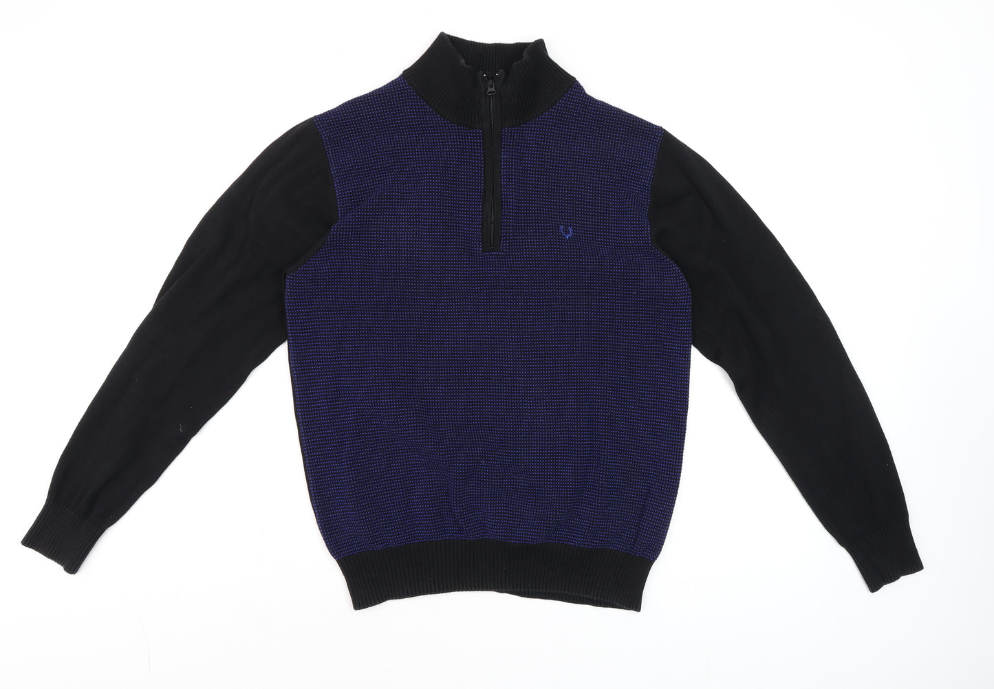 Allen Solly Men Blue Black Cotton Half Zip High Neck Jumper M