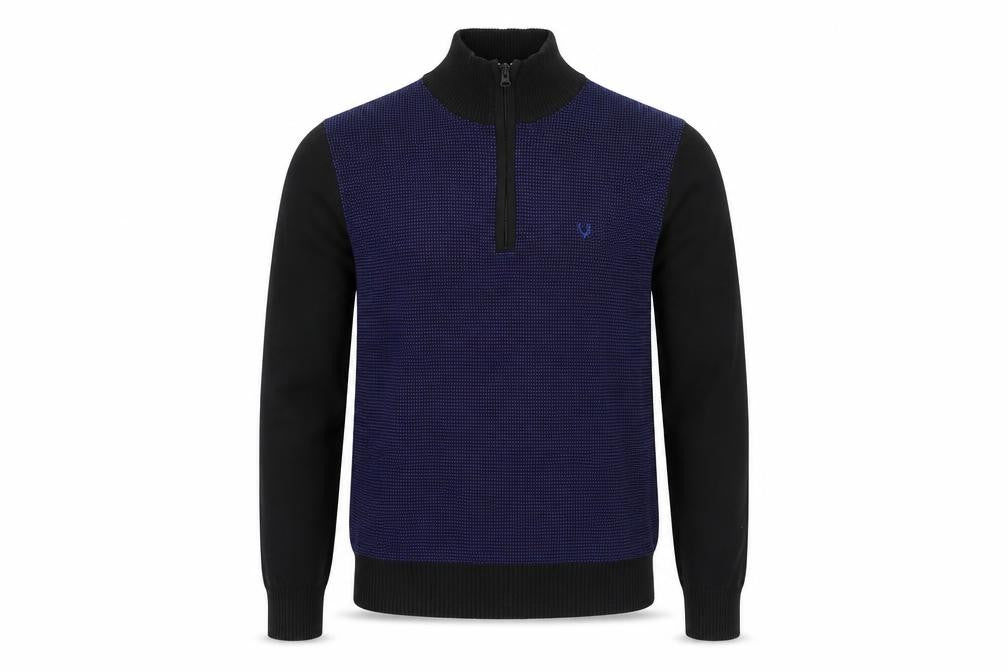 Allen Solly Men Blue Black Cotton Half Zip High Neck Jumper M