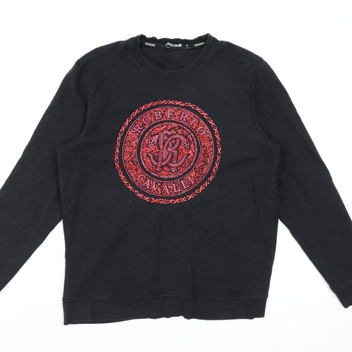 Roberto Cavalli Womens Black Red Logo Sweatshirt Size M Cotton Crew Neck