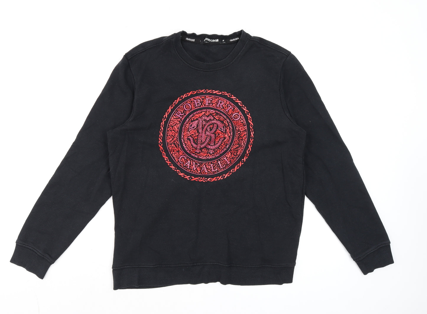Roberto Cavalli Womens Black Red Logo Sweatshirt Size M Cotton Crew Neck