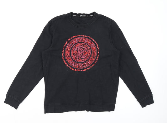 Roberto Cavalli Womens Black Red Logo Sweatshirt Size M Cotton Crew Neck