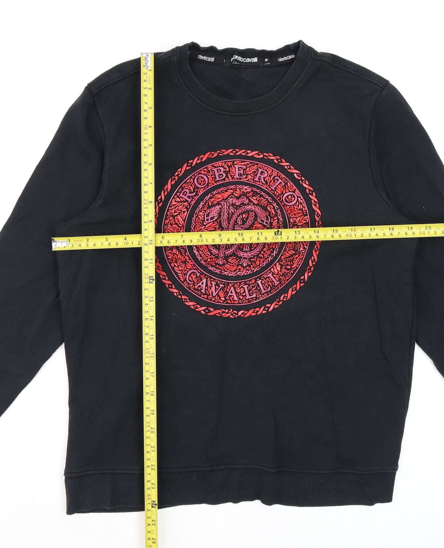 Roberto Cavalli Womens Black Red Logo Sweatshirt Size M Cotton Crew Neck