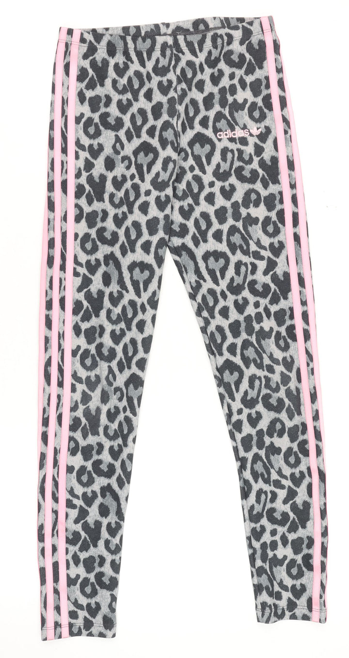 adidas Girls Grey Leopard Print 3-Stripes Leggings 11-12 Years