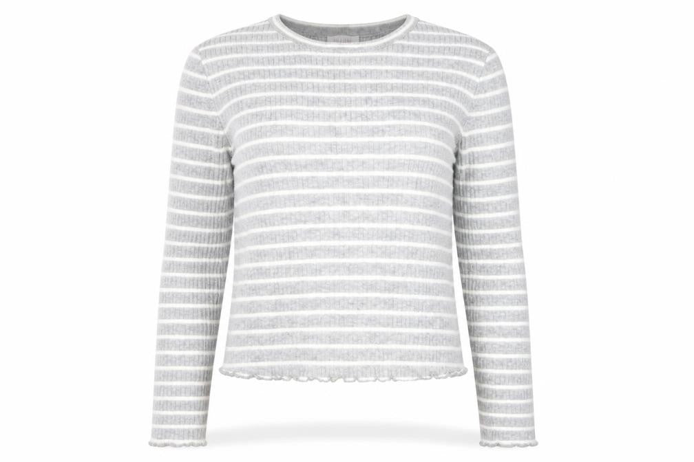 Front view of Savida Women Grey Striped Long Sleeve Knit Top, size 14