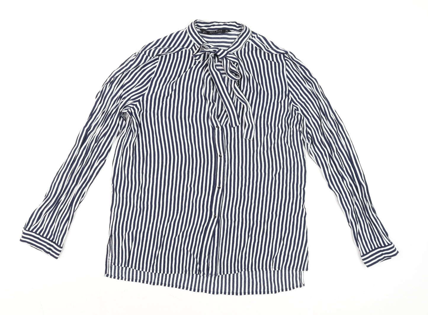 Zara Men Blue Striped Cotton Long Sleeve Button-Up Shirt M