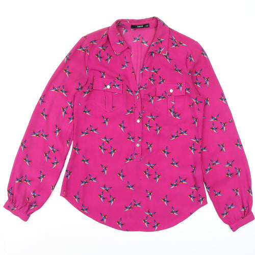 Oasis Women's Pink Bird Print Long Sleeve Button Blouse Size 6