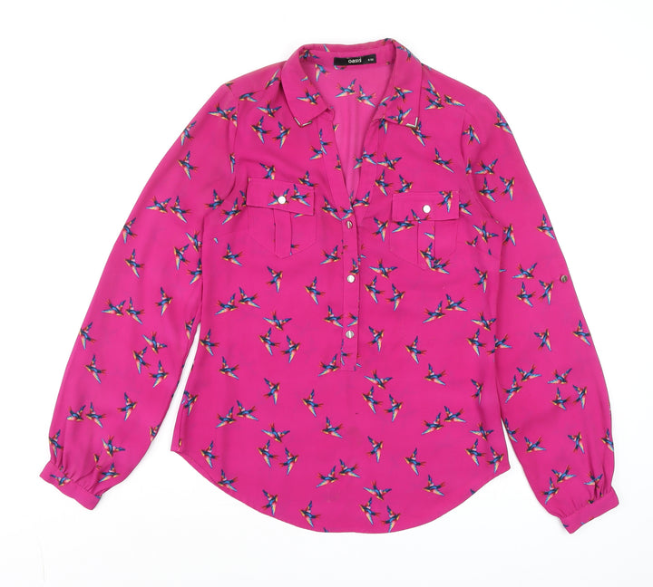 Oasis Women's Pink Bird Print Long Sleeve Button Blouse Size 6