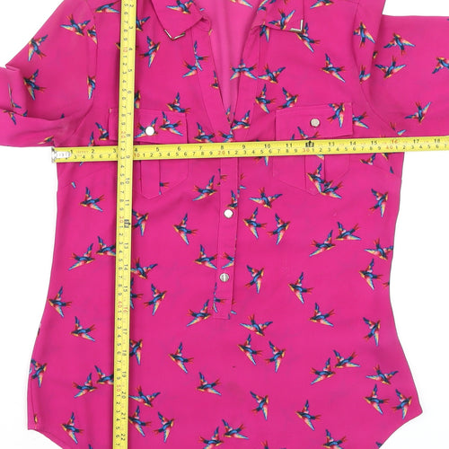 Oasis Women's Pink Bird Print Long Sleeve Button Blouse Size 6