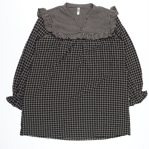 JDY Womens Black Check Ruffle Long Sleeve Tunic Blouse Size 12