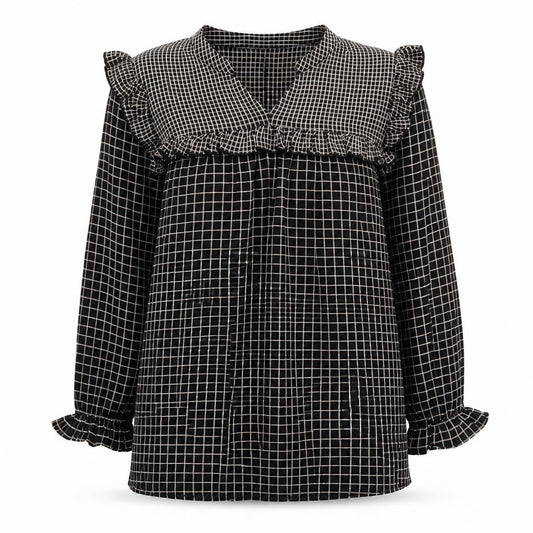 Front view of JDY women’s black check ruffle long sleeve tunic blouse, size UK 12