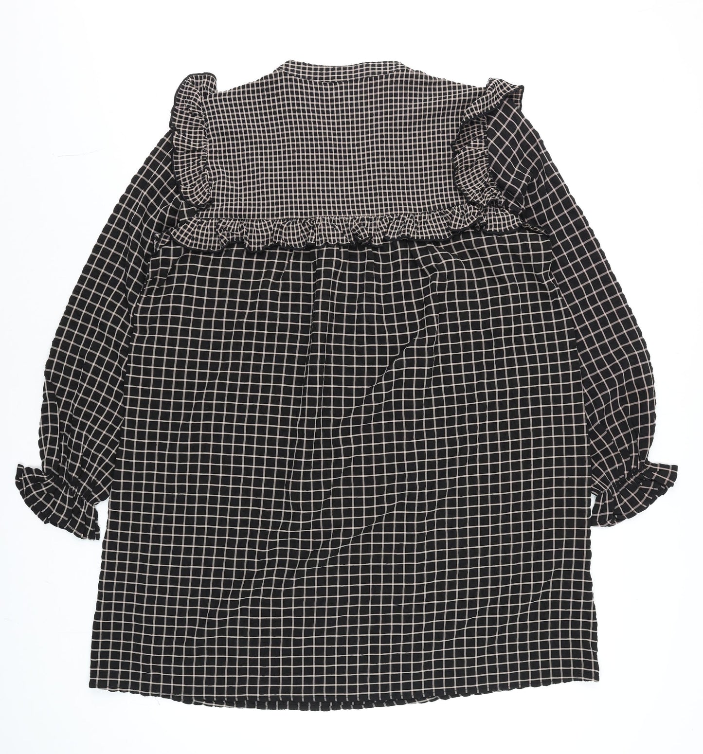JDY Womens Black Check Ruffle Long Sleeve Tunic Blouse Size 12