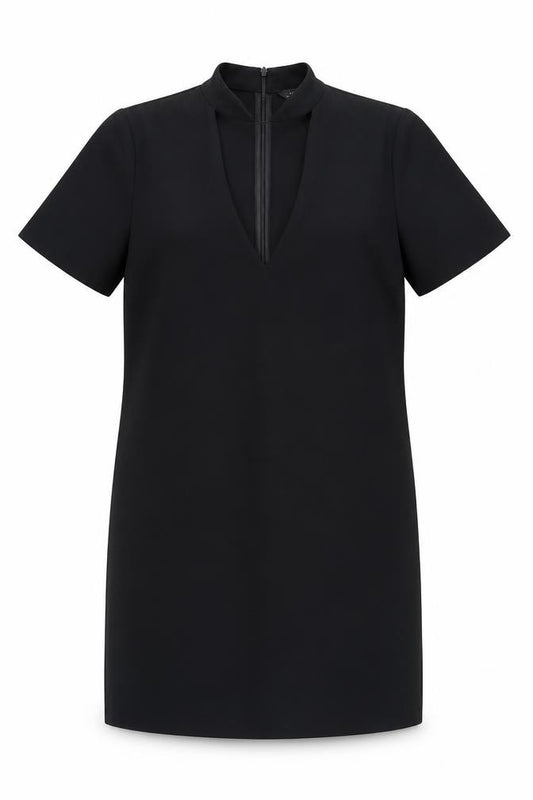 Front view of Zara Women Black Short Sleeve V-Neck Shift Dress, size 12