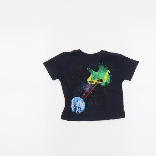 Little Lads Boys Black Space Cat Graphic Short Sleeve Cotton T-Shirt 18-24M