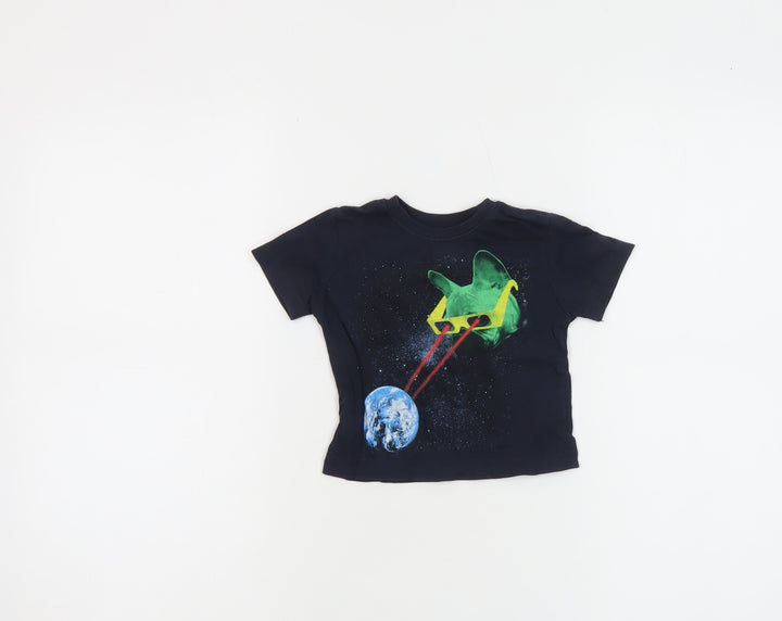 Little Lads Boys Black Space Cat Graphic Short Sleeve Cotton T-Shirt 18-24M
