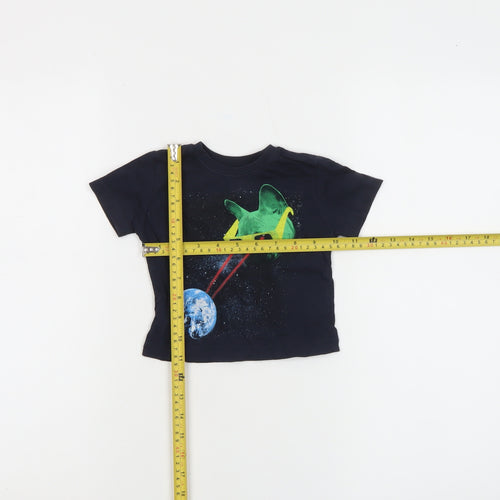 Little Lads Boys Black Space Cat Graphic Short Sleeve Cotton T-Shirt 18-24M