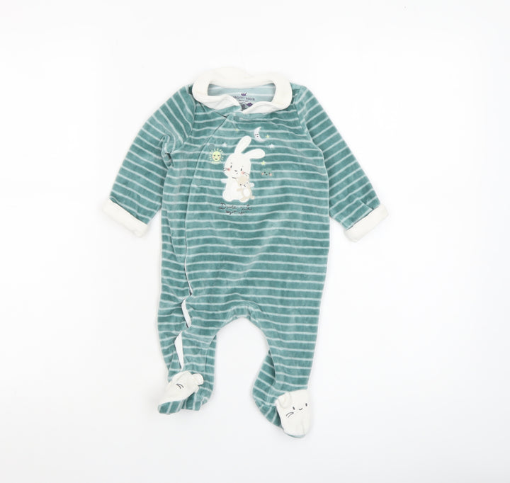 Sergent Major Green Striped Bunny Babygrow Unisex 4M Velour Long Sleeve
