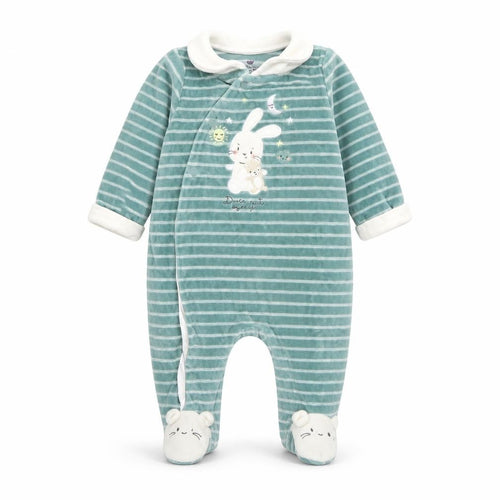 Sergent Major Green Striped Bunny Babygrow Unisex 4M Velour Long Sleeve