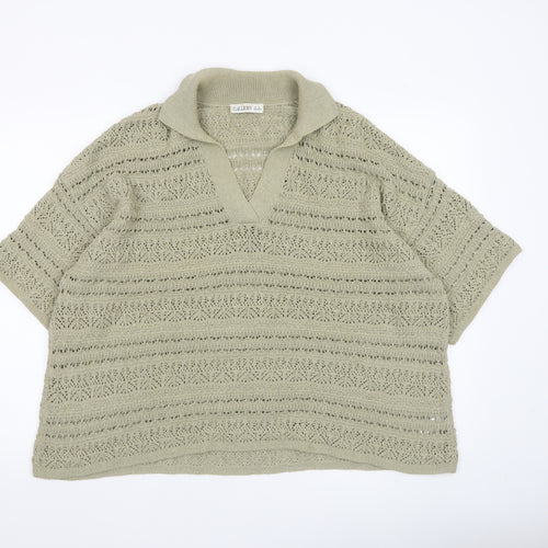 Gallery Womens Beige Open Knit V-Neck Short Sleeve Jumper Size XL