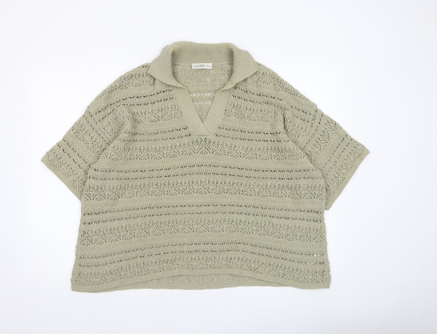 Gallery Womens Beige Open Knit V-Neck Short Sleeve Jumper Size XL