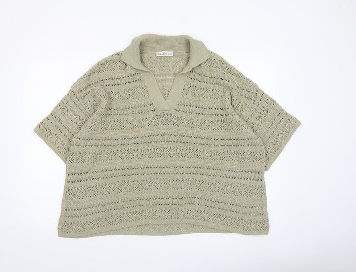 Gallery Womens Beige Open Knit V-Neck Short Sleeve Jumper Size XL