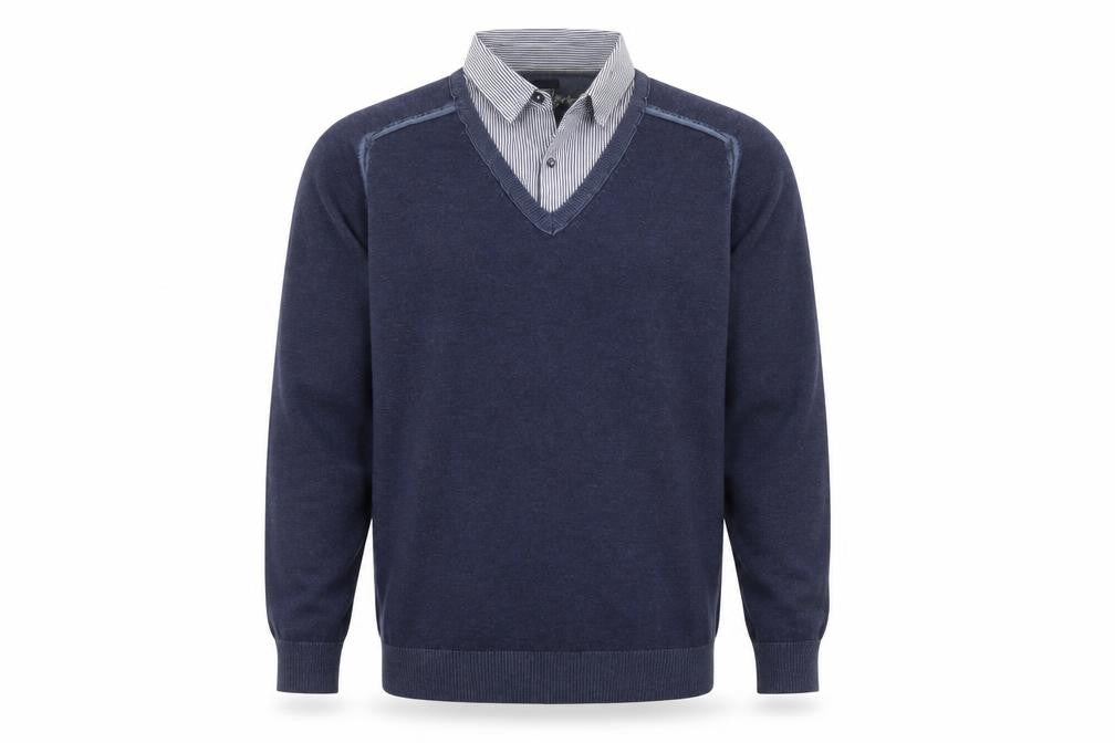 Front view of Next Men’s Blue Cotton V-Neck jumper, size L, Regular Fit