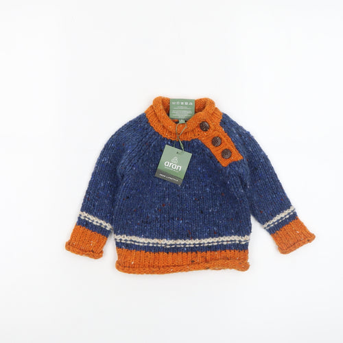 Aran Woollen Mills Unisex Baby Blue Orange Wool Jumper 3-6 Months