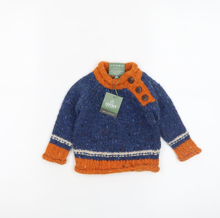 Aran Woollen Mills Unisex Baby Blue Orange Wool Jumper 3-6 Months