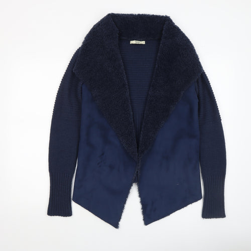 Oasis Women's Blue Open Front Faux Fur Trim Knit Cardigan Size S