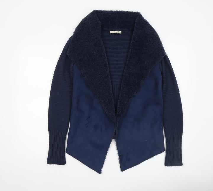 Oasis Women's Blue Open Front Faux Fur Trim Knit Cardigan Size S