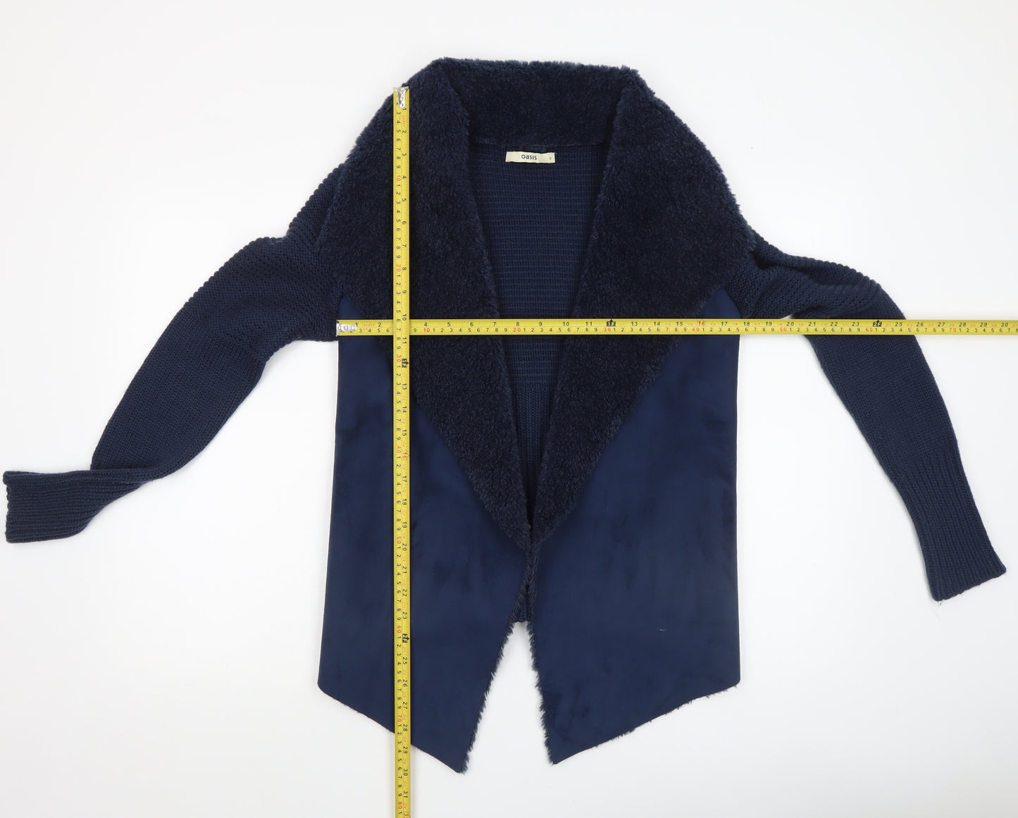 Oasis Women's Blue Open Front Faux Fur Trim Knit Cardigan Size S