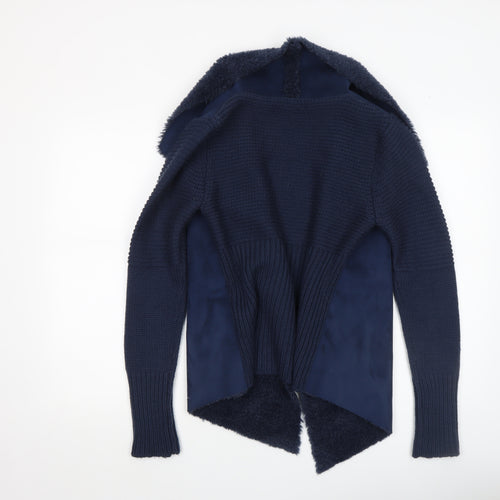 Oasis Women's Blue Open Front Faux Fur Trim Knit Cardigan Size S
