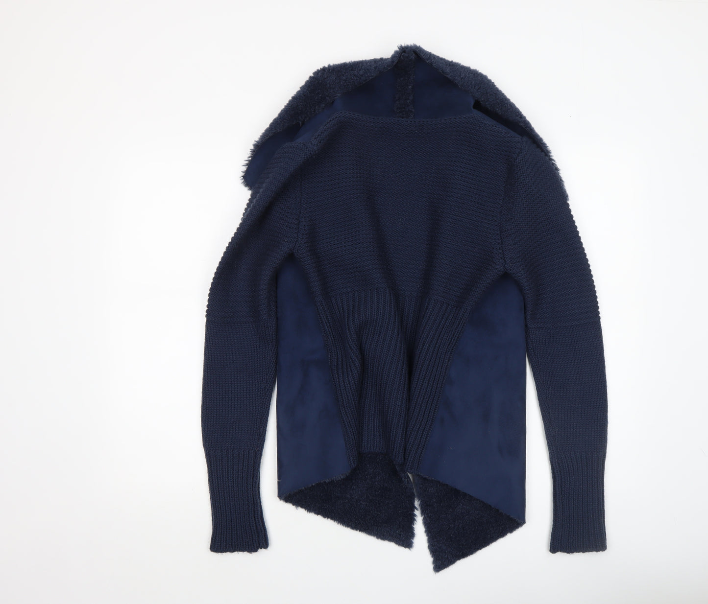 Oasis Women's Blue Open Front Faux Fur Trim Knit Cardigan Size S