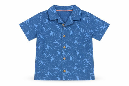 Front view of John Lewis boys’ blue leaf print cotton linen button-up shirt 24 months