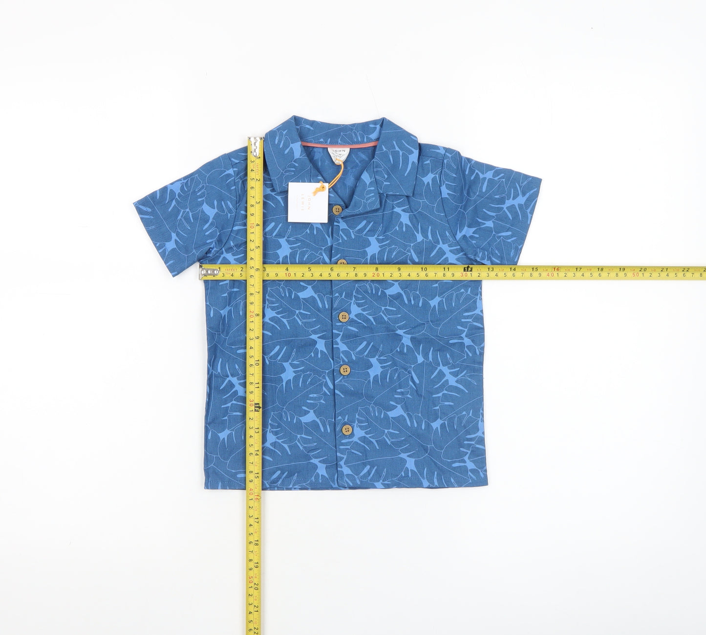 John Lewis Boys Blue Leaf Print Cotton Linen Button-Up Shirt 24 Months