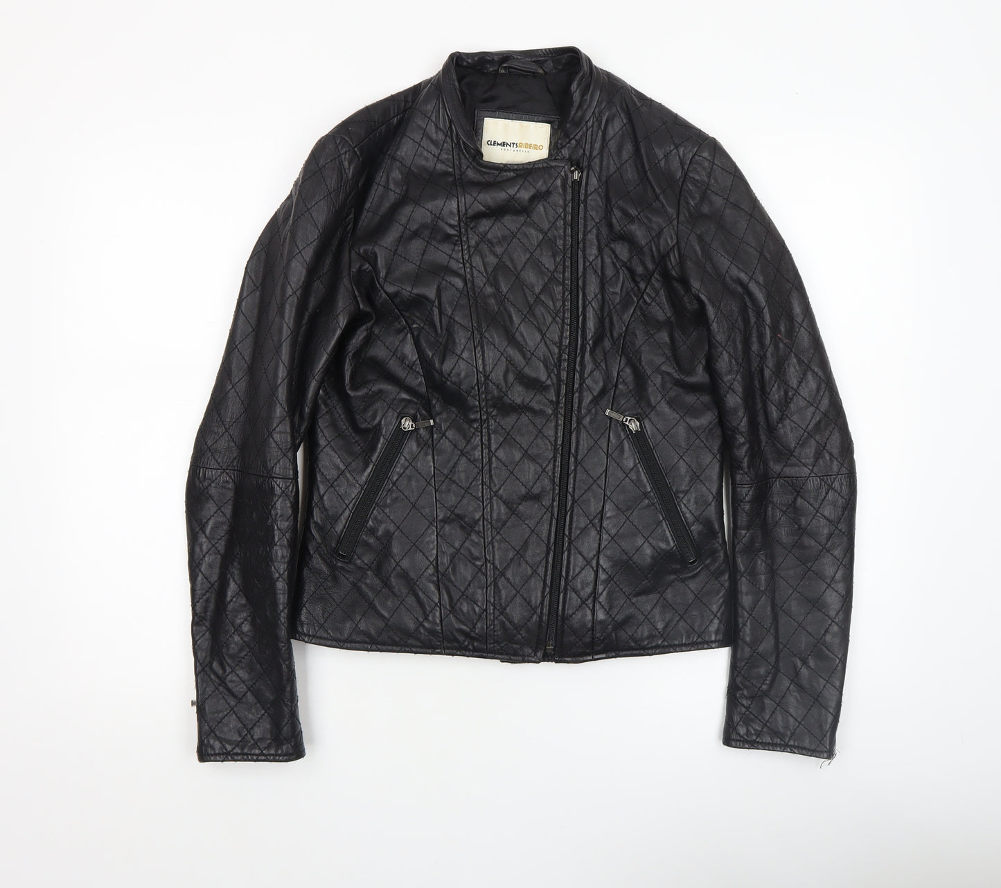 Clements Ribeiro Women Black Quilted Leather Biker Jacket UK 10