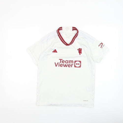 Adidas Boys White Football Jersey T-Shirt 7-8 Years Lightweight V-Neck
