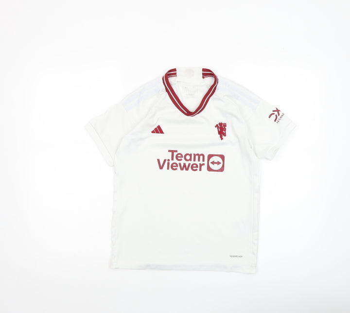 Adidas Boys White Football Jersey T-Shirt 7-8 Years Lightweight V-Neck