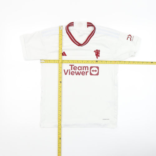 Adidas Boys White Football Jersey T-Shirt 7-8 Years Lightweight V-Neck