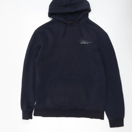 Closure London Men's Blue Pullover Hoodie Medium Fleece Logo Sweatshirt