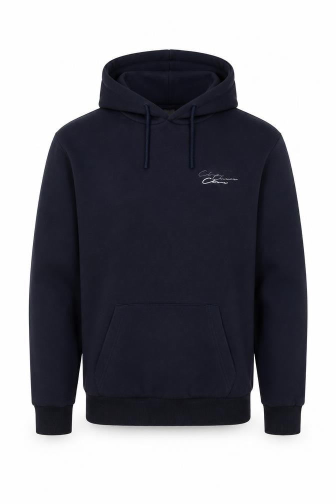 Front view of Closure London Men's Blue Pullover Hoodie Medium Fleece Logo Sweatshirt
