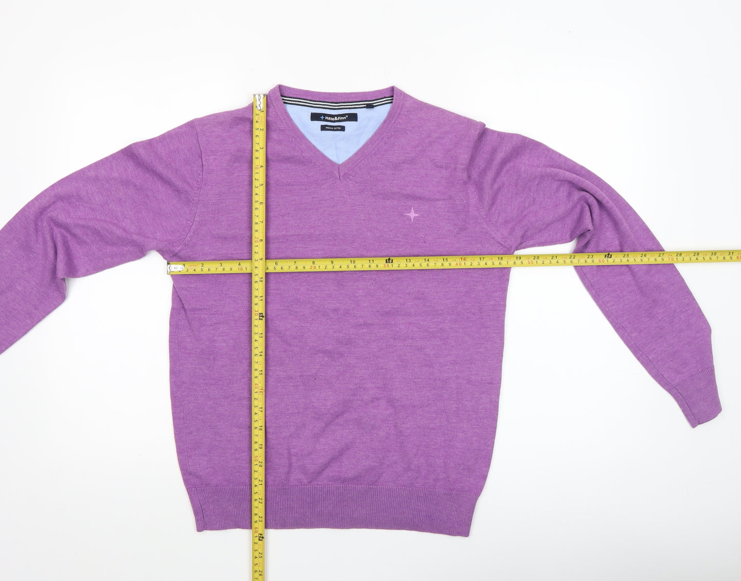 Haze & Finn Men's Purple V-Neck Cotton Blend Jumper Size S