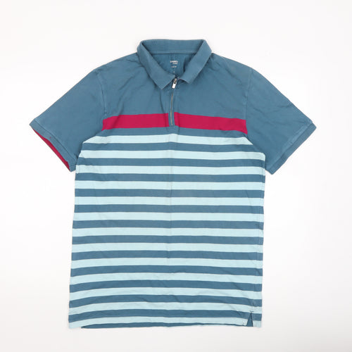 Dunnes Stores Men's Blue Striped Slim Fit Cotton 1/4 Zip Polo Shirt L