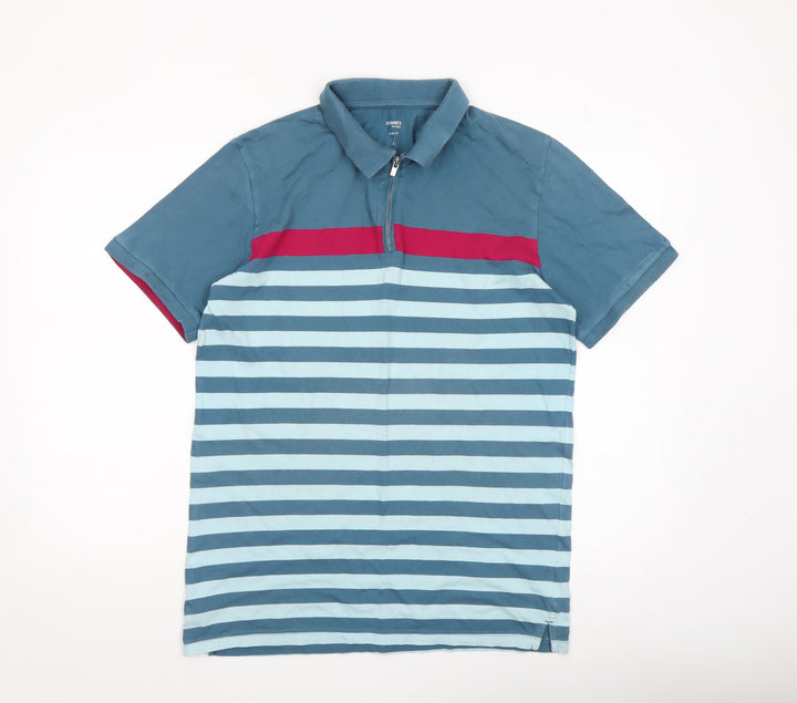 Dunnes Stores Men's Blue Striped Slim Fit Cotton 1/4 Zip Polo Shirt L