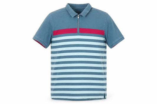 Front view of Dunnes Men's Blue Striped Slim Fit Cotton 1/4 Zip Polo Shirt L