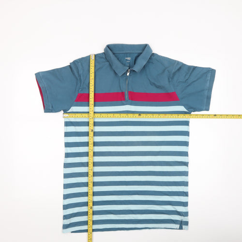 Dunnes Stores Men's Blue Striped Slim Fit Cotton 1/4 Zip Polo Shirt L